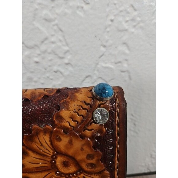 Women's leather embossed floral snap wallet card slots zipper pouch Gem Studded - Picture 5 of 9